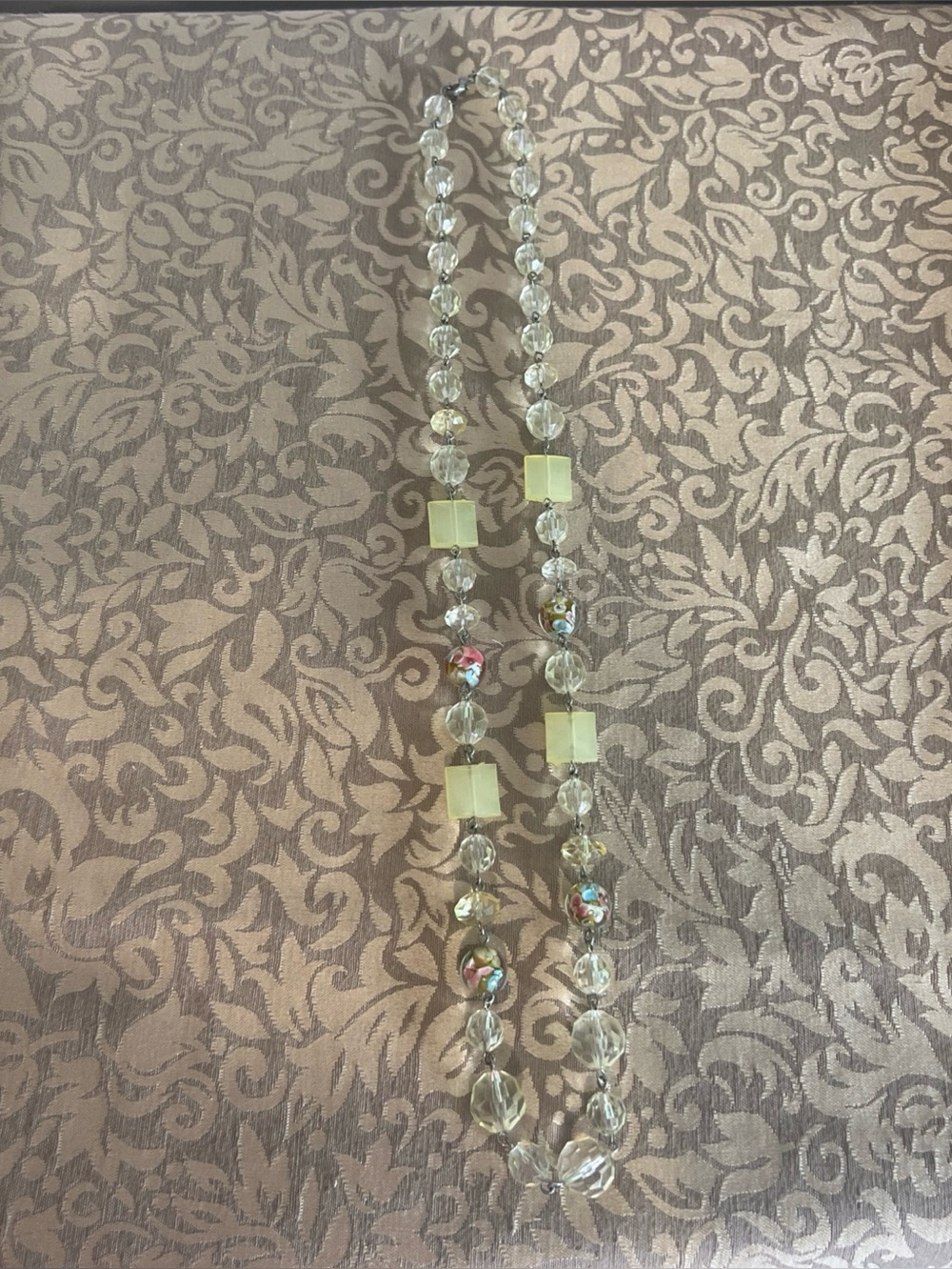 Vintage Art Glass & Acrylic Beaded Necklace Clear Yellow Floral Beads 28"
